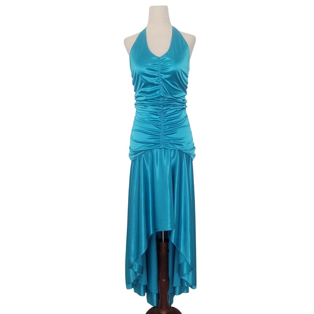 Vintage Y2k Ruched Satin Halter Maxi Dress Size S Blue Fairy Whimsical Event